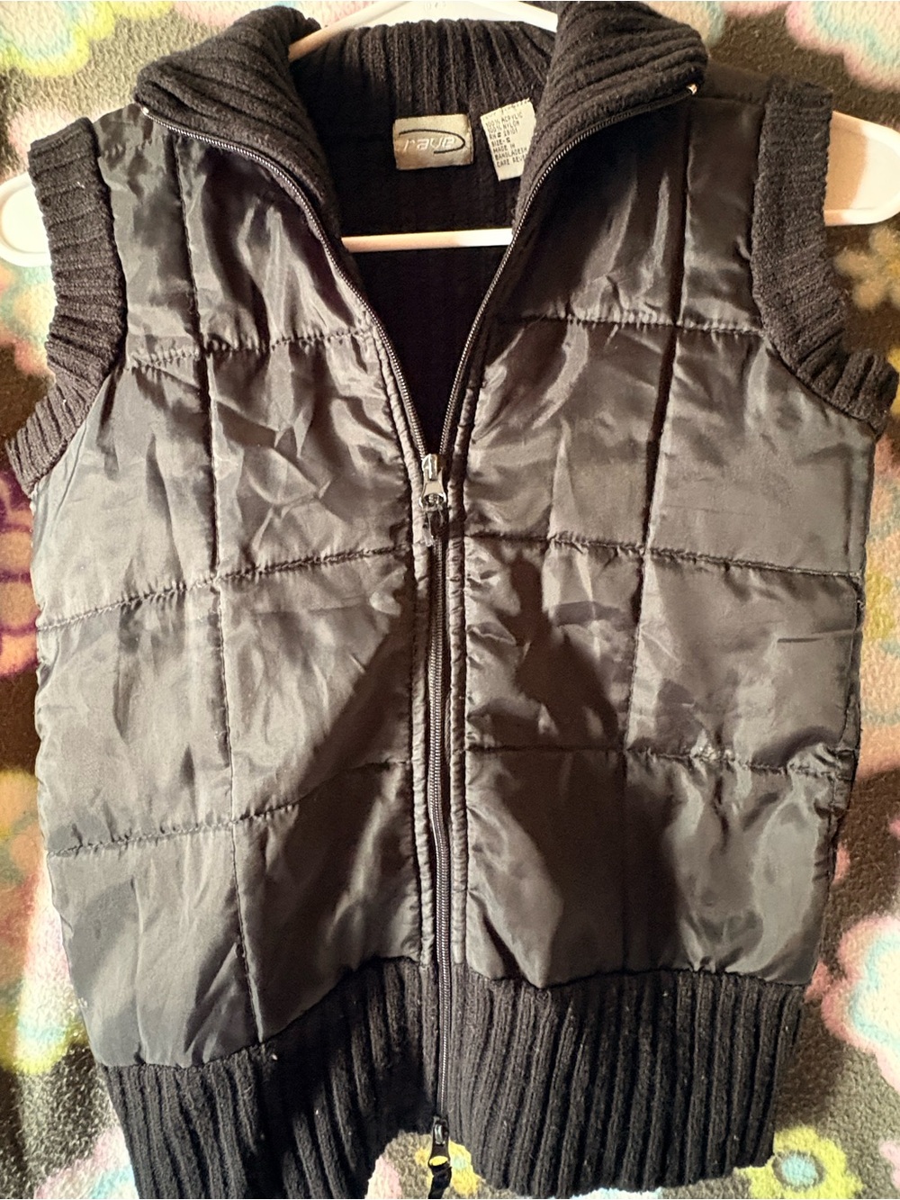 rave Black Quilted Puffer Vest with Rib Knit Trim